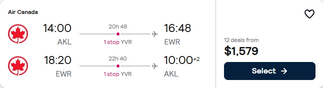 Click here to book this cheap flight deal. Cheap flights from Auckland, New Zealand to New York, USA for only $1579 NZD roundtrip with Air Canada. Flight deal ticket image.