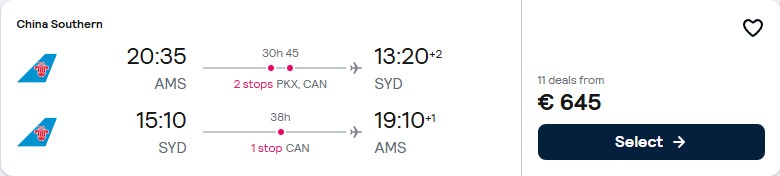 Cheap flights from Amsterdam, Netherlands to Sydney, Australia for only €643 roundtrip. Flight deal ticket image.