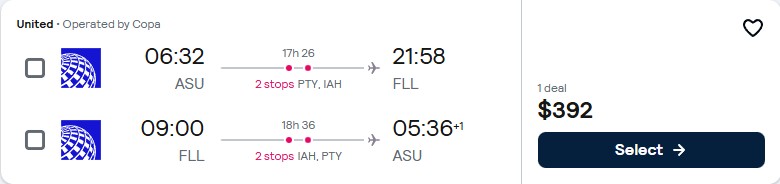 Christmas flights from Asuncion, Paraguay to Fort Lauderdale, USA for only $392 USD roundtrip with Copa Airlines and United Airlines. Flight deal ticket image.
