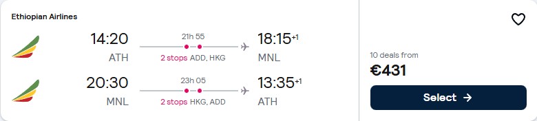 Click here to book this cheap flight deal. Cheap flights from Athens, Greece to Manila, Philippines for only €431 roundtrip. Flight deal ticket image.