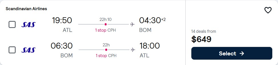 Cheap flights from Atlanta to Mumbai, India for only $649 roundtrip with Scandinavian Airlines. Flight deal ticket image.