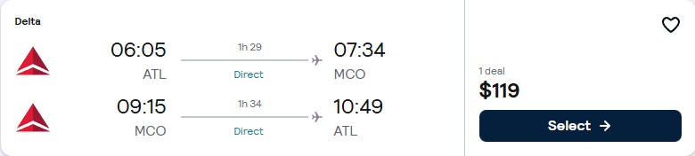 Click here to book this cheap flight deal. Non-stop flights from Atlanta to Orlando, Florida for only $119 roundtrip with Delta Air Lines. Also works in reverse. Flight deal ticket image.