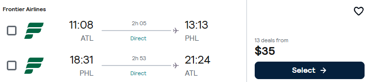 Non-stop flights from Atlanta to Philadelphia for only $35 roundtrip. Also works in reverse. Flight deal ticket image.
