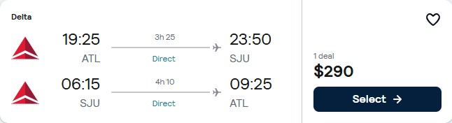 Non-stop flights from Atlanta to San Juan, Puerto Rico for only $290 roundtrip with Delta Air Lines. Flight deal ticket image.