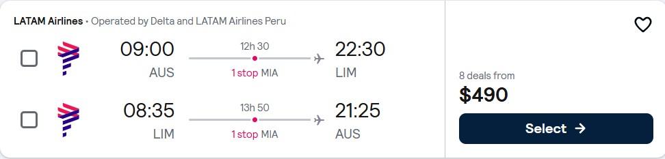 Click here to book this cheap flight deal. Summer flights from Austin, Texas to Lima, Peru for only $490 roundtrip with Delta Air Lines and LATAM Airlines. Flight deal ticket image.