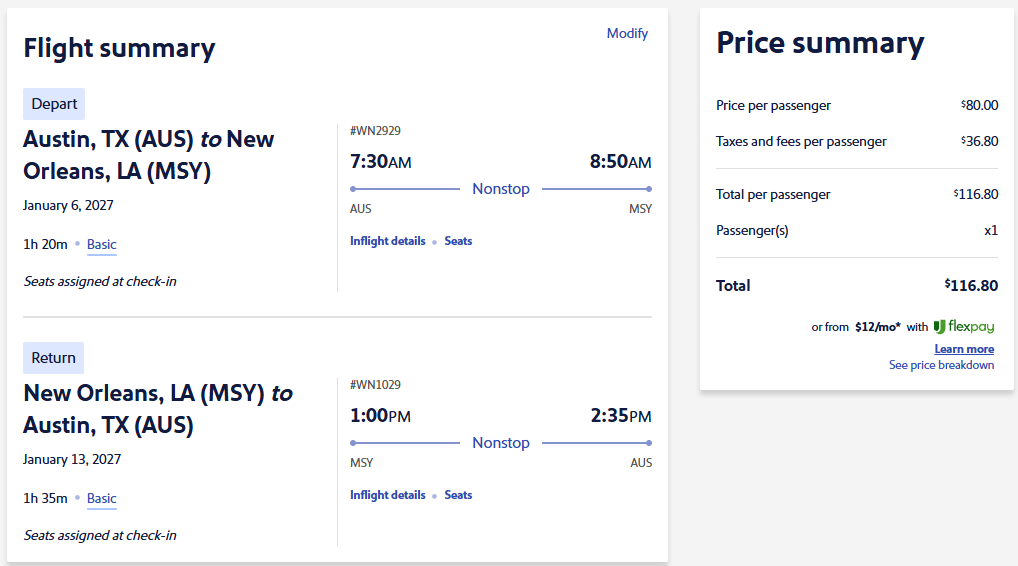 Click here to book this cheap flight deal. Non-stop flights from Austin, Texas to New Orleans for only $116 roundtrip. Also works in reverse. Flight deal ticket image.
