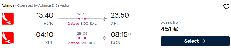 Cheap flights from Barcelona or Madrid, Spain to Tegucigalpa, Honduras from only €451 roundtrip with Avianca. Flight deal ticket image.