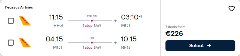 Click here to book this cheap flight deal. Cheap flights from Belgrade, Serbia to Muscat, Oman for only €226 roundtrip. Flight deal ticket image.