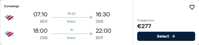 Click here to book this cheap flight deal. Non-stop flights from Berlin, Germany to Dubai, UAE for only €277 roundtrip. Flight deal ticket image.