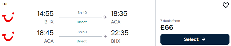 Click here to book this cheap flight deal. Non-stop flights from Birmingham, UK to Agadir, Morocco for only £66 roundtrip. Flight deal ticket image.