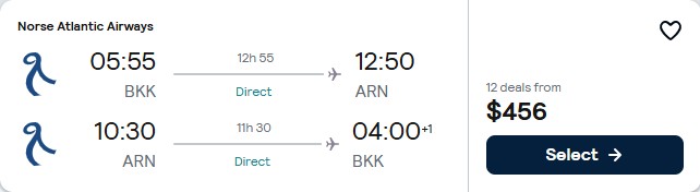 Click here to book this cheap flight deal. Non-stop flights from Bangkok, Thailand to Stockholm, Sweden for only $456 USD roundtrip. Flight deal ticket image.