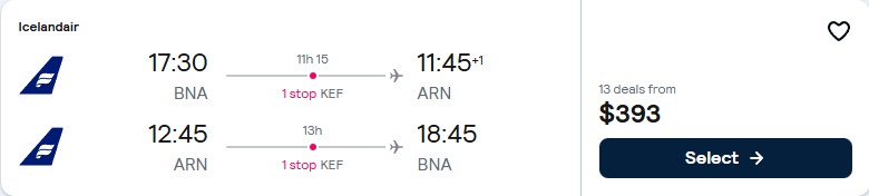 Click here to book this cheap flight deal. Cheap flights from Nashville to Stockholm, Sweden for only $393 roundtrip. Flight deal ticket image.