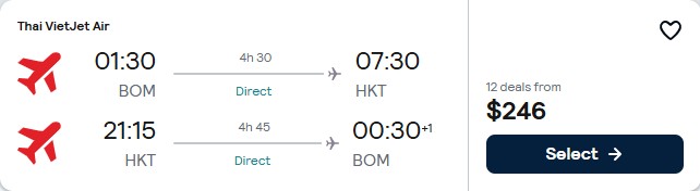 Non-stop flights from Mumbai, India to Phuket, Thailand for only $246 USD roundtrip. Flight deal ticket image.