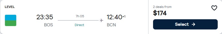 Click here to book this cheap flight deal. Non-stop, last minute flights from Boston to Barcelona, Spain for only $174 one-way. Flight deal ticket image.