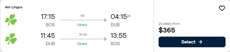 Click here to book this cheap flight deal. Non-stop flights from Boston to Dublin, Ireland for only $365 roundtrip with Aer Lingus. Flight deal ticket image.