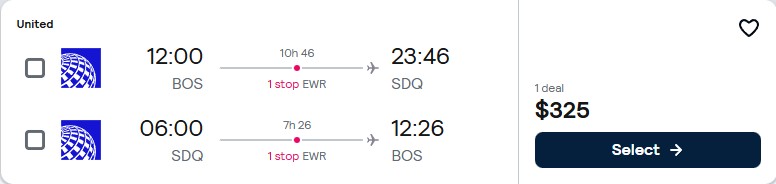 Click here to book this cheap flight deal. Cheap flights from Boston to the Dominican Republic for only $325 roundtrip with United Airlines. Flight deal ticket image.