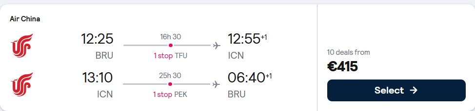 Click here to book this cheap flight deal. Cheap flights from Brussels, Belgium to Seoul, South Korea for only €415 roundtrip. Flight deal ticket image.