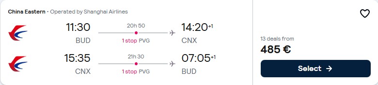 Click here to book this cheap flight deal. Cheap flights from Budapest, Hungary to Chiang Mai, Thailand for only €485 roundtrip. Flight deal ticket image.
