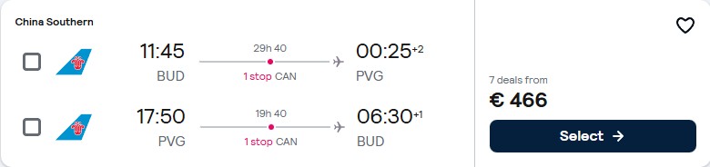 Click here to book this cheap flight deal. Cheap flights from Budapest, Hungary to Shanghai, China for only €466 roundtrip. Flight deal ticket image.
