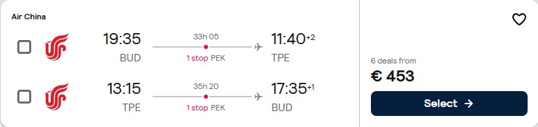 Cheap flights from Budapest, Hungary to Taipei, Taiwan for only €453 roundtrip. Flight deal ticket image.