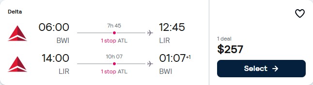 Click here to book this cheap flight deal. Cheap flights from Baltimore to Liberia, Costa Rica for only $257 roundtrip with Delta Air Lines. Flight deal ticket image.