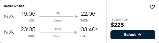Click here to book this cheap flight deal. Non-stop flights from Cairo, Egypt to Milan, Italy for only $225 USD roundtrip. Flight deal ticket image.