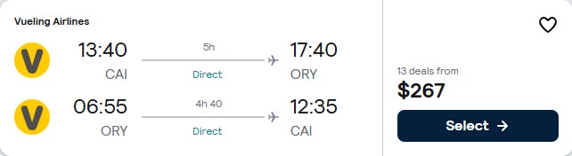 Click here to book this cheap flight deal. Non-stop flights from Cairo, Egypt to Paris, France for only $266 USD roundtrip. Flight deal ticket image.