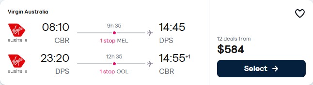 Click here to book this cheap flight deal. Cheap flights from Canberra, Australia to Bali, Indonesia for only $584 AUD roundtrip with Virgin Australia. Flight deal ticket image.