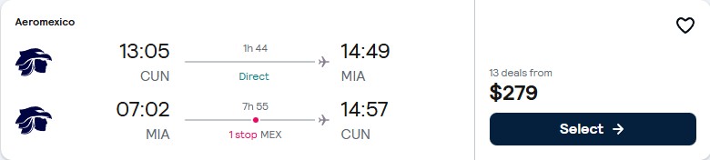Click here to book this cheap flight deal. Cheap flights from Cancun, Mexico to Miami, USA for only $279 USD roundtrip with Aeromexico. Flight deal ticket image.