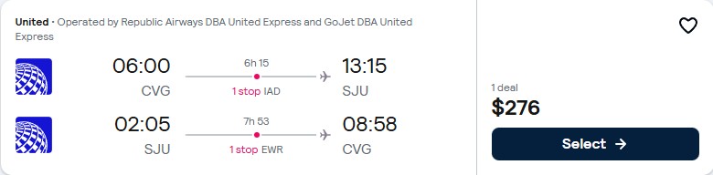 Cheap flights from Cincinnati, Ohio to San Juan, Puerto Rico for only $276 roundtrip with United Airlines. Flight deal ticket image.