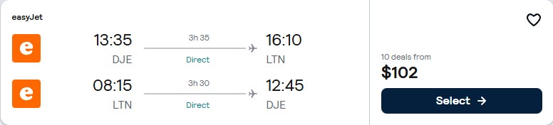 Non-stop flights from Djerba, Tunisia to London, UK for only $102 USD roundtrip. Flight deal ticket image.