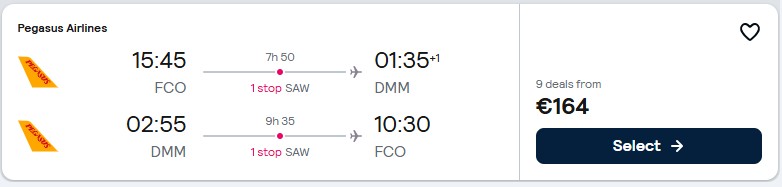 Click here to book this cheap flight deal. Cheap flights from Rome, Italy to Dammam or Riyadh, Saudi Arabia from only €164 roundtrip. Flight deal ticket image.