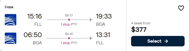 Click here to book this cheap flight deal. Cheap flights from Fort Lauderdale to Bucaramanga, Colombia for only $377 roundtrip with Copa Airlines. Flight deal ticket image.