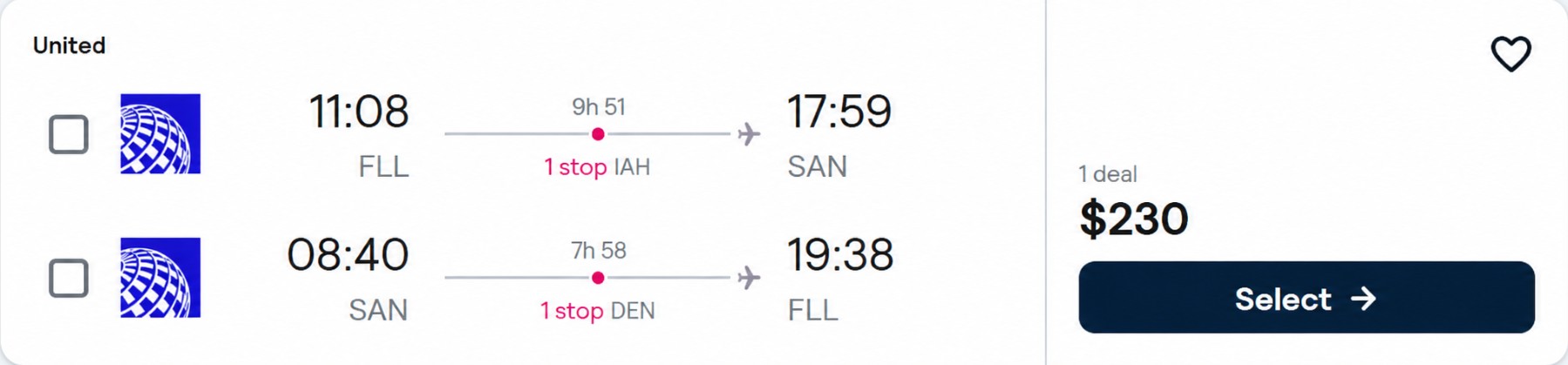 Cheap flights from Fort Lauderdale to San Diego for only $230 roundtrip with United Airlines. Also works in reverse. Flight deal ticket image.