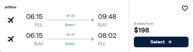 Click here to book this cheap flight deal. Non-stop flights from Fort Lauderdale to San Juan, Puerto Rico for only $198 roundtrip with JetBlue. Flight deal ticket image.