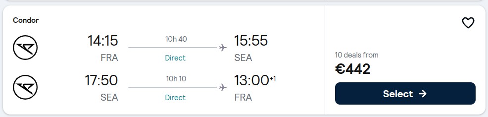 Click here to book this cheap flight deal. Non-stop flights from Frankfurt, Germany to Seattle, USA for only €442 roundtrip. Flight deal ticket image.