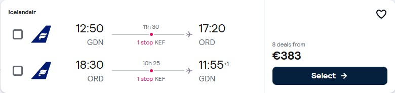 Click here to book this cheap flight deal. Christmas flights from Gdansk, Poland to Chicago, USA for only €383 roundtrip. Flight deal ticket image.