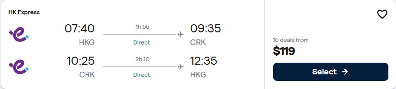 Click here to book this cheap flight deal. Non-stop flights from Hong Kong to Angeles, Philippines for only $119 USD roundtrip. Flight deal ticket image.