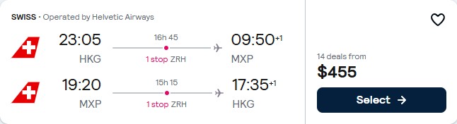 Click here to book this cheap flight deal. Cheap flights from Hong Kong to Milan, Italy for only $455 USD roundtrip with Swiss International Air Lines. Flight deal ticket image.