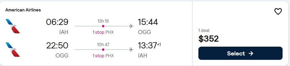 Click here to book this cheap flight deal. Cheap flights from Houston, Texas to Kahului, Hawaii for only $352 roundtrip with American Airlines. Also works in reverse. Flight deal ticket image.
