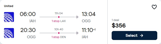 Click here to book this cheap flight deal. Cheap flights from Houston, Texas to Kahului, Hawaii for only $356 roundtrip with United Airlines. Also works in reverse. Flight deal ticket image.