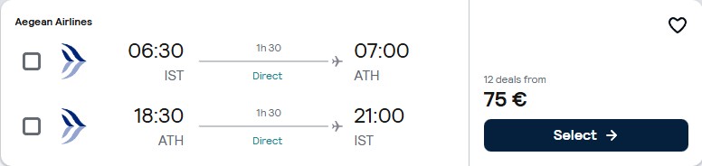 Non-stop flights from Istanbul, Turkey to Athens, Greece for only €75 roundtrip with Aegean Airlines. Flight deal ticket image.
