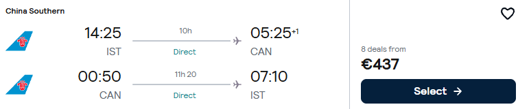 Click here to book this cheap flight deal. Non-stop flights from Istanbul, Turkey to Guangzhou, China for only €437 roundtrip. Flight deal ticket image.