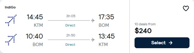 Click here to book this cheap flight deal. Non-stop flights from Kathmandu, Nepal to Mumbai, India for only $240 USD roundtrip. Flight deal ticket image.