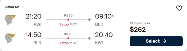 Cheap flights from Kuwait City, Kuwait to Bangalore, India for only $262 USD roundtrip. Flight deal ticket image.
