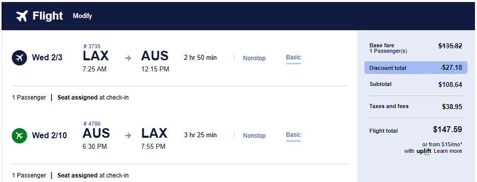 Non-stop flights from Los Angeles, USA to Austin, USA for only $147 roundtrip. Also works in reverse. Flight deal ticket image.
