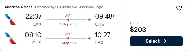 Click here to book this cheap flight deal. Cheap flights from Los Angeles to Charleston, South Carolina for only $203 roundtrip with American Airlines. Also works in reverse. Flight deal ticket image.