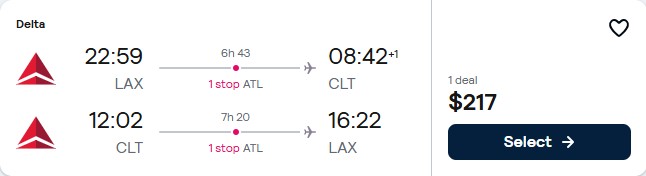 Click here to book this cheap flight deal. Cheap flights from Los Angeles to Charlotte, North Carolina for only $217 roundtrip with Delta Air Lines. Also works in reverse. Flight deal ticket image.