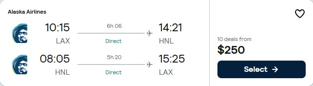 Click here to book this cheap flight deal. Non-stop flights from Los Angeles to Honolulu, Hawaii for only $250 roundtrip with Alaska Airlines. Also works in reverse. Flight deal ticket image.