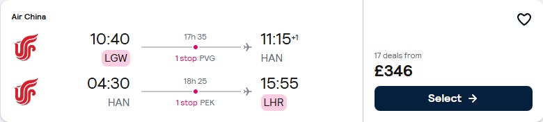 Click here to book this cheap flight deal. Cheap flights from London, UK to Hanoi, Vietnam for only £346 roundtrip. Flight deal ticket image.